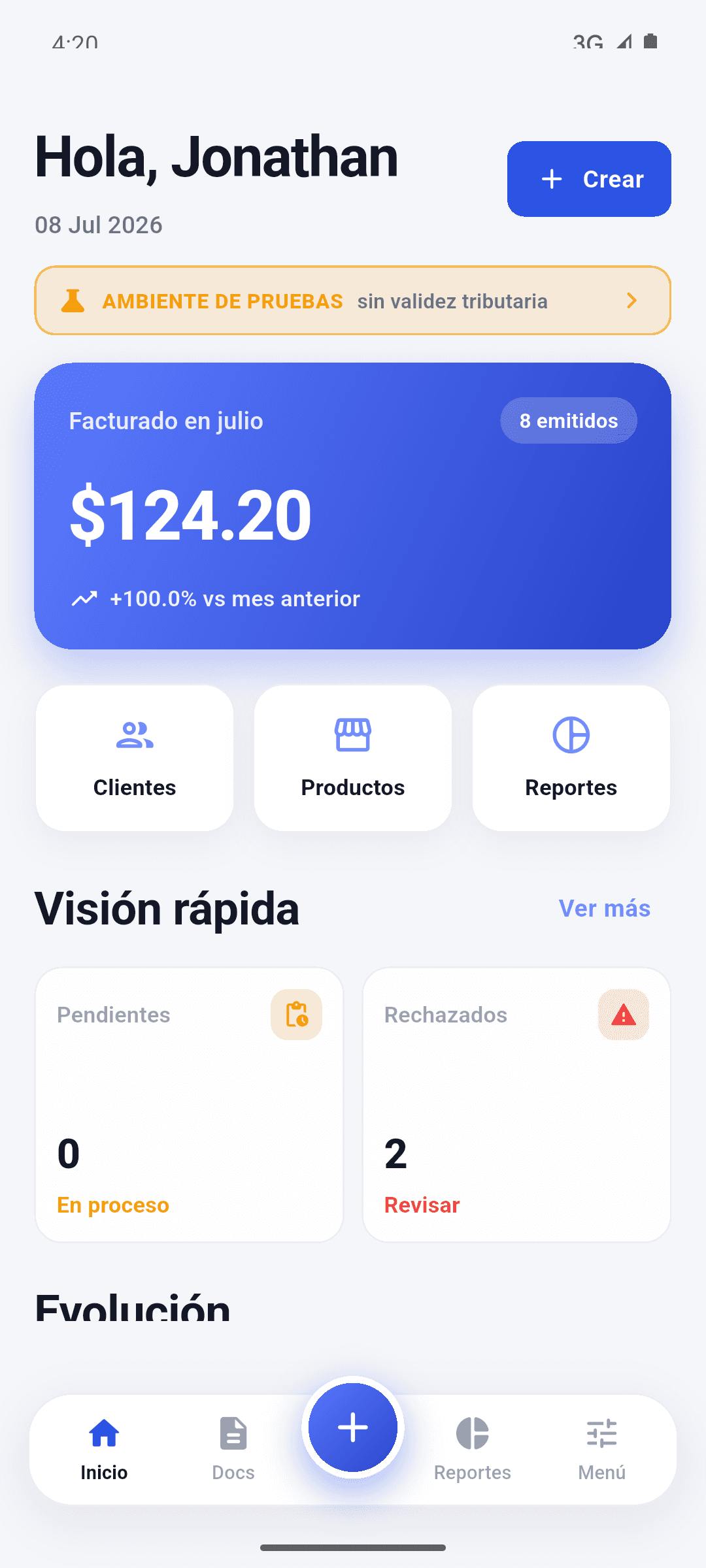 Inicio de la app móvil de Facturón con el resumen del mes