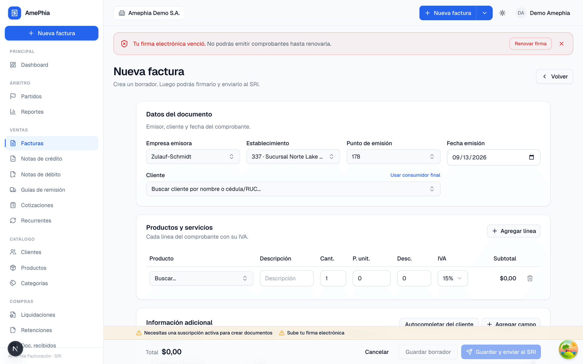 Formulario de nueva factura en Facturón